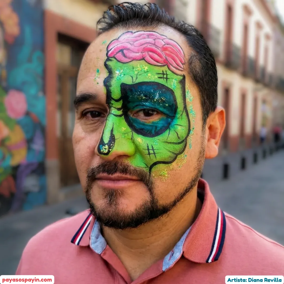 Maquillista de Payasos Payín pinta una calavera pirata verde neón en medio rostro a un hombre adulto para Halloween en CDMX y EDOMEX
