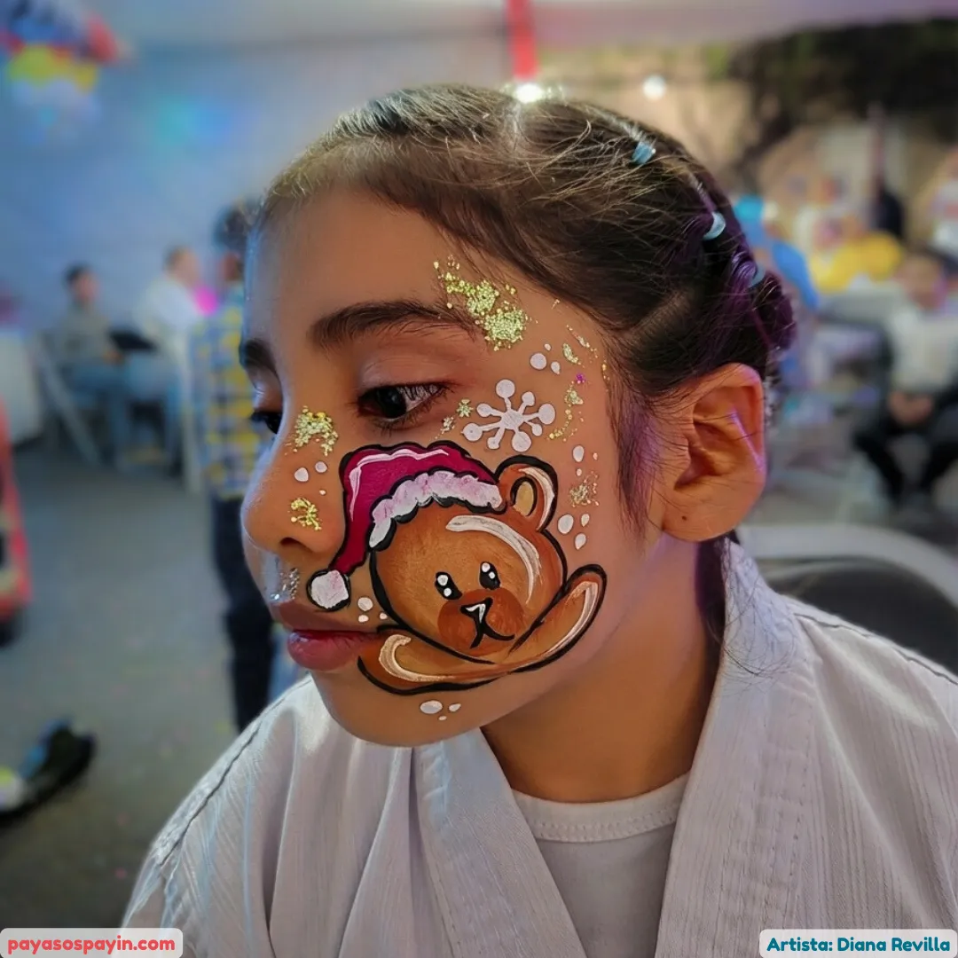 Niña con pintacaritas de osito tierno con gorro de Santa Claus y destellos dorados en mejilla