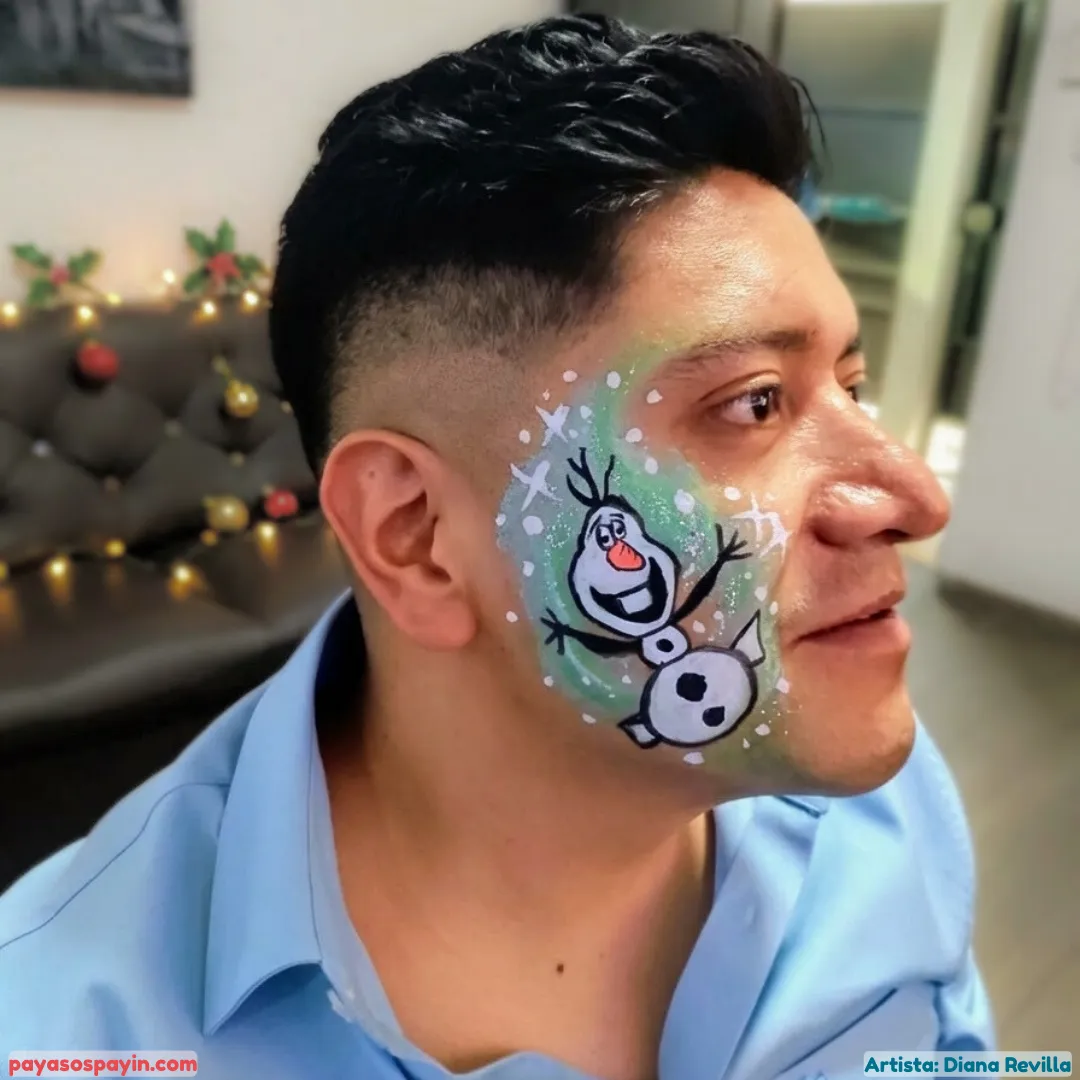 Hombre adulto con diseño de Olaf de Frozen en mejilla con copos azules para eventos familiares