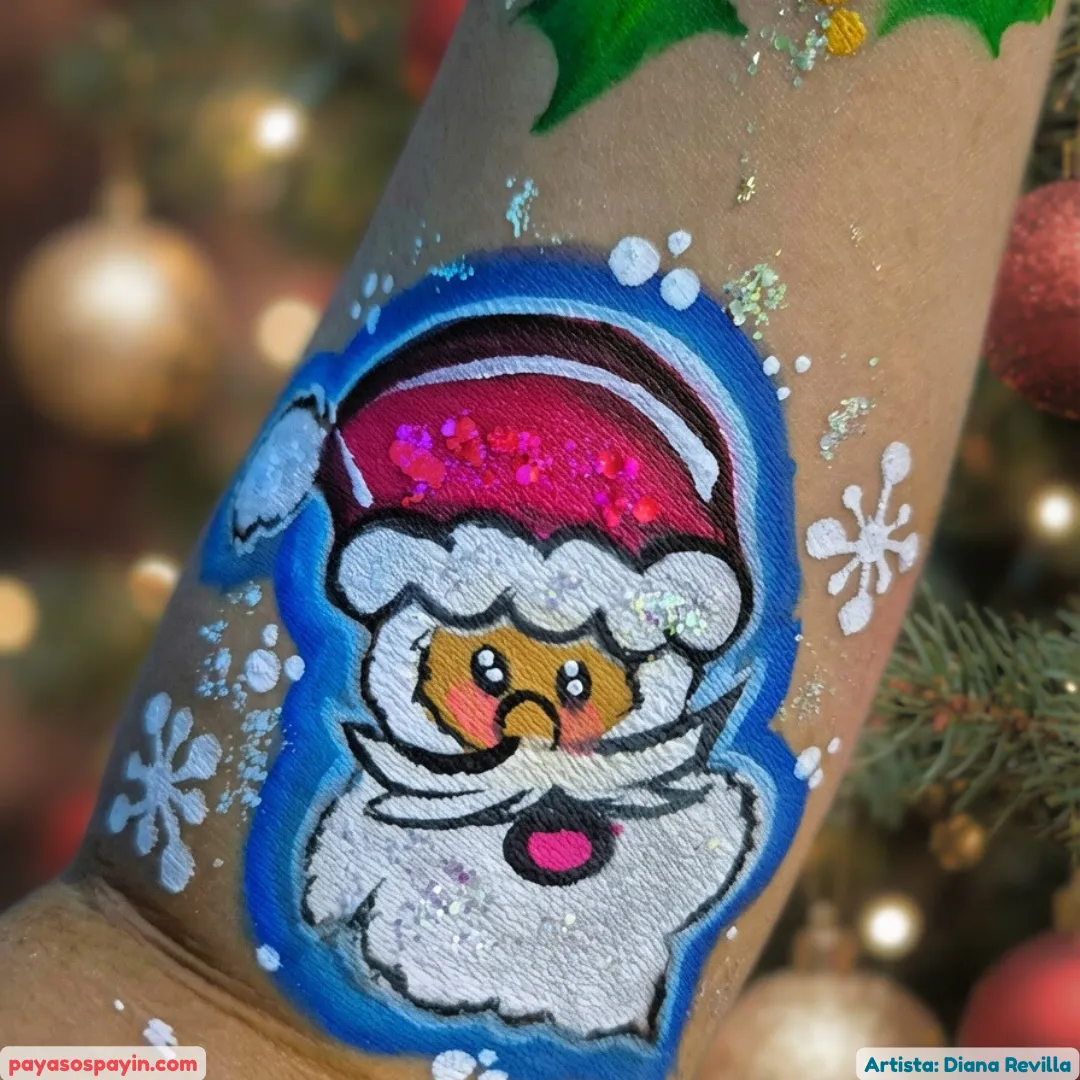 Pintacaritas de Santa Claus en acuarela sobre la piel para eventos navideños y posadas de adultos