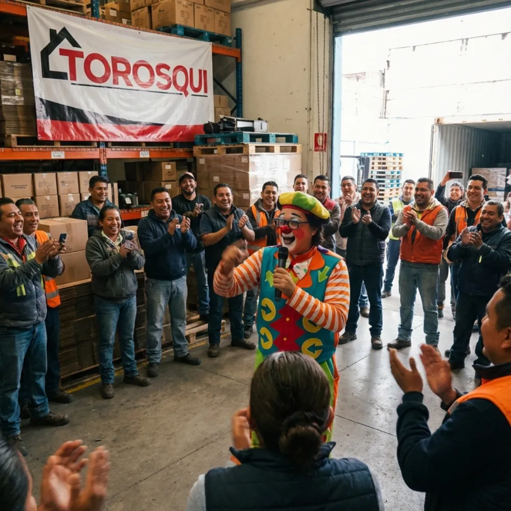 El Payaso Payín anima con micrófono al personal de una empresa dentro de su almacén